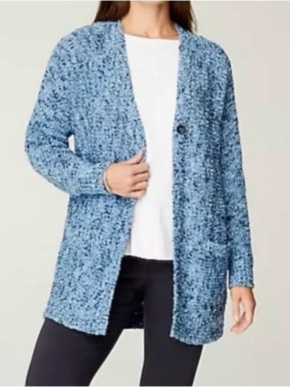 J. Jill Utopia Chunky Knit Cardigan Sweater Patch Pocket Blue Petite Large